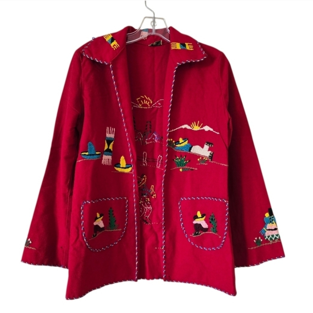 LOPEZ Vtg‎ Vibrant Red Embroidered Jacket 100% Wool Size S/M Art To Wear